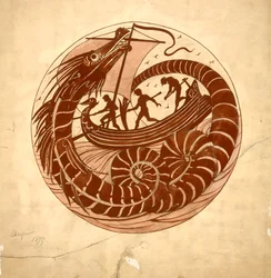 Entwurf für ein Gericht mit einem Seedrachen und Boot